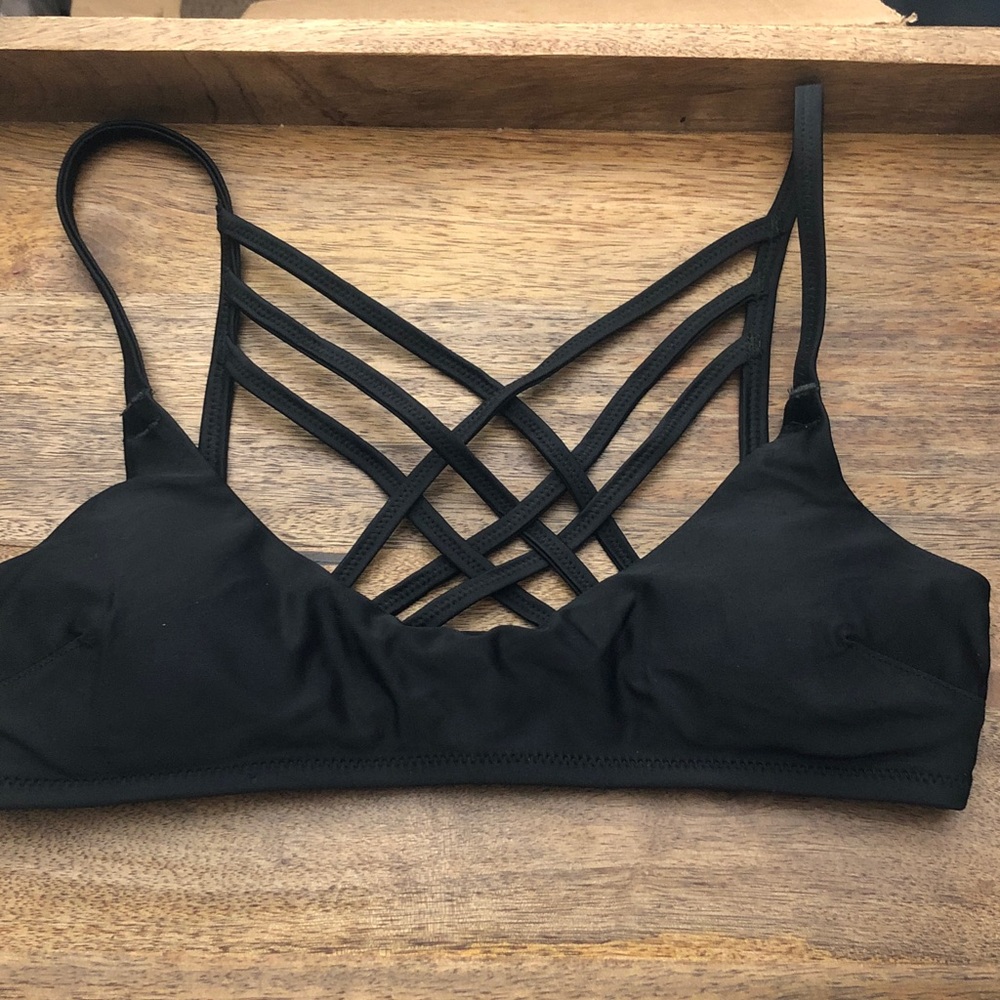 aerie Black Strappy Bikini Top with Crisscross Back